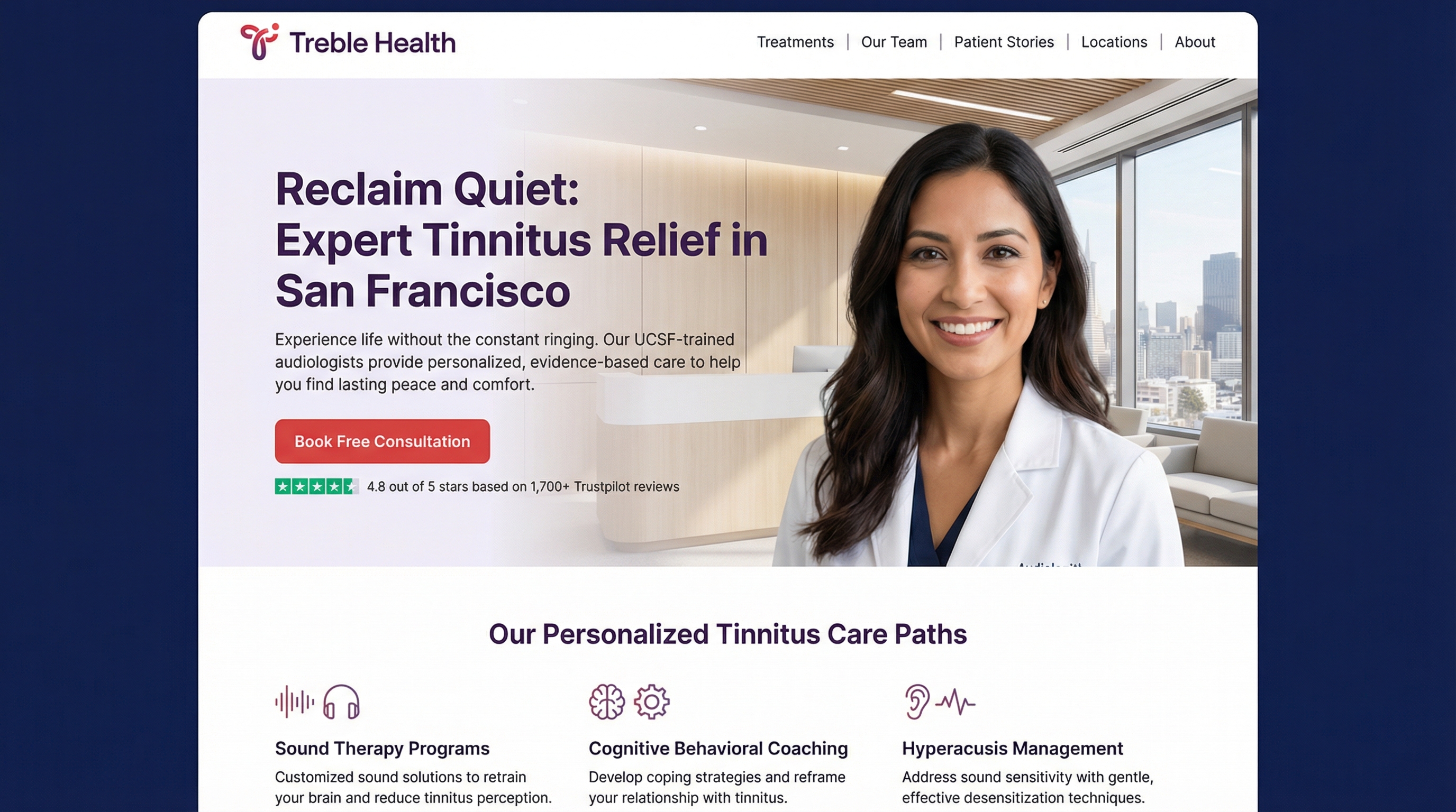 Treble Health Tinnitus & Hearing Center website preview