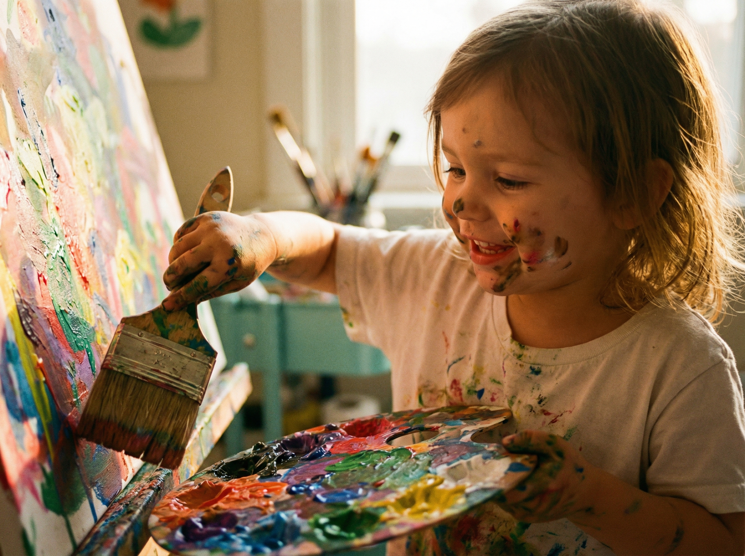 Child focused on painting a colorful canvas during an English art workshop at Art For Kids Studio, Mokotów Warsaw