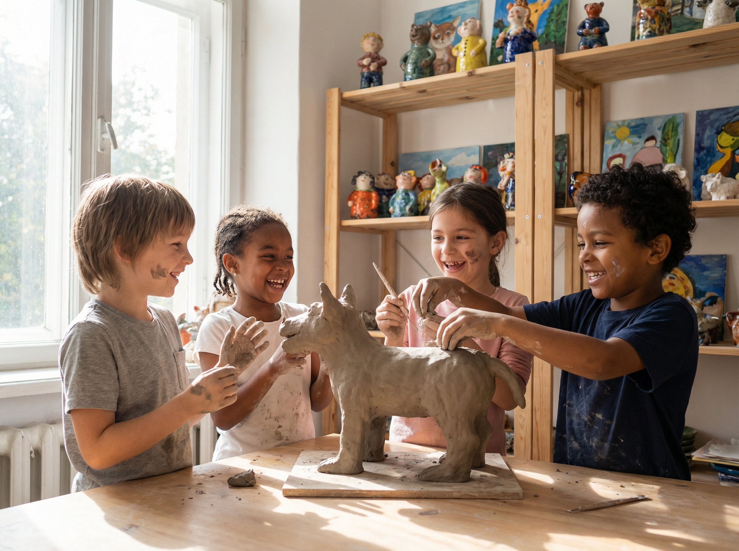Small group of children collaborating on a clay sculpture project at Art For Kids Studio in Warsaw
