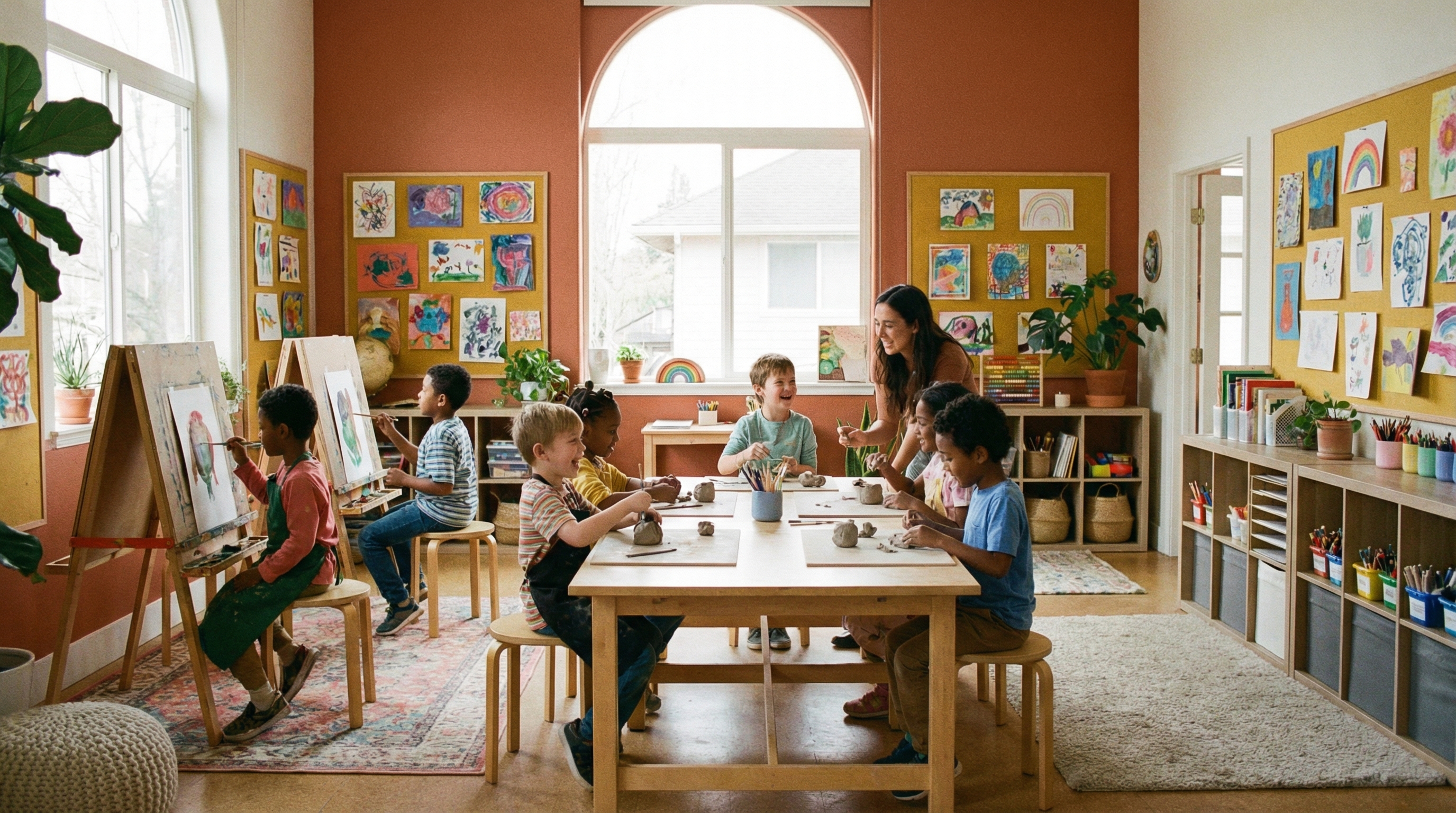 Children ages 5-12 happily painting at easels and sculpting with clay in a bright, warm art studio in Warsaw Mokotów